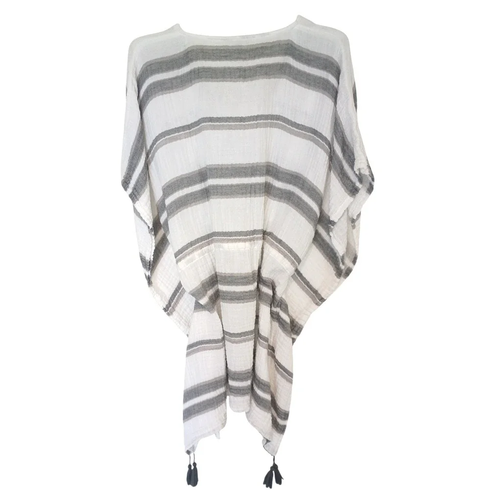 Life is Good Womens White Grey Striped Cotton Gauze Kaftan Cover Up‎ M/L